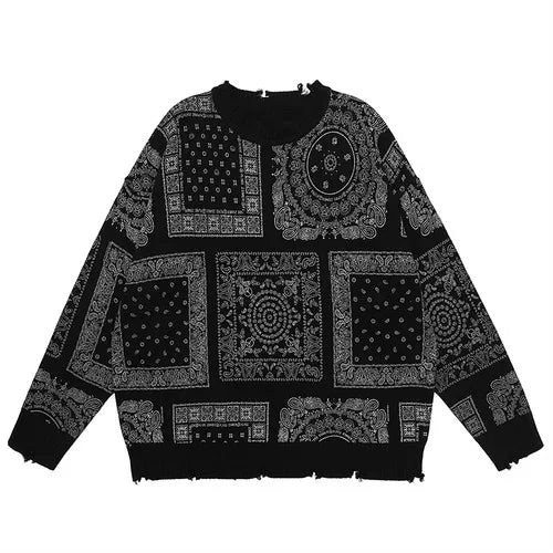 hip hop paisley printed ripped knitted holes sweater mens autumn winter long sleeve pullover streetwear loose sweaters clothing high quality cotton pullover, Y2K vintage urban hoodie, urban wear with bold artwork