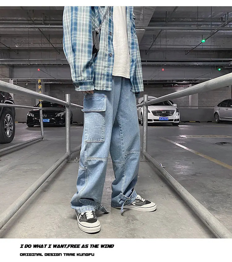 men jeans wide leg denim pants loose straight baggy mens jeans hip hop streetwear skateboard neutral denim trousers cargo jeans unique cargo style 2661