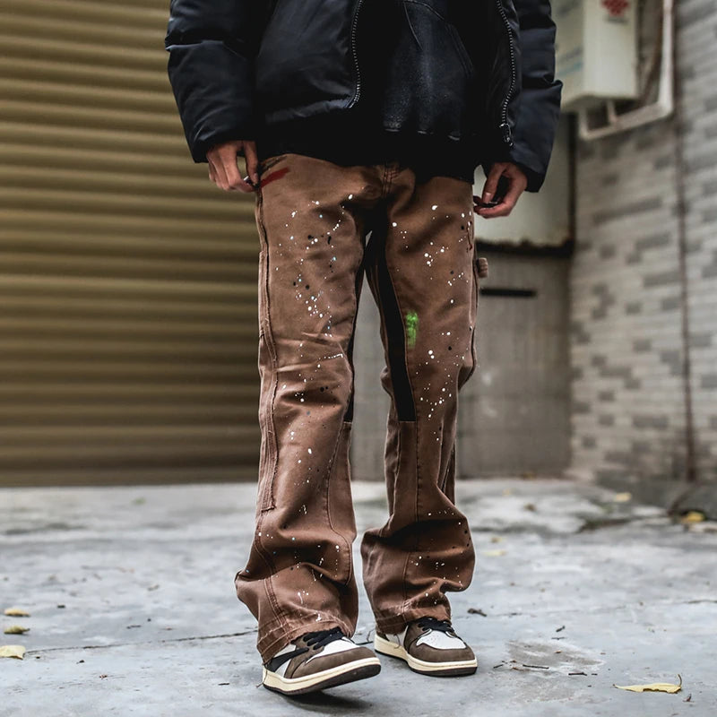 2023 streetwear graffiti cargo flared jeans khaki black splash ink wide leg denim pant hip hop cargo trousers jean men unique cargo style 5162