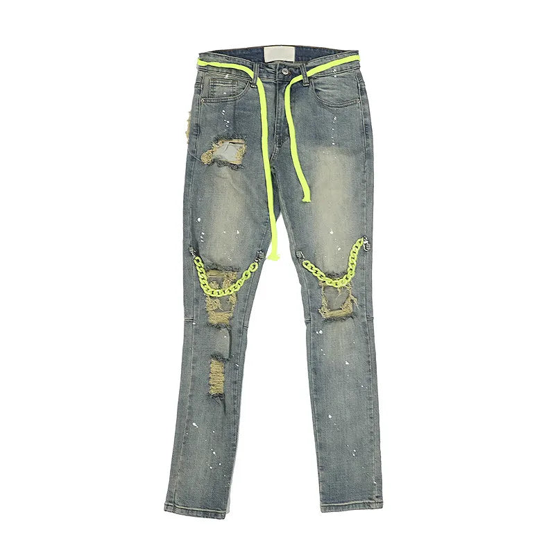 high street knee hole with chain ripped biker jeans mens slim fit denim pants autumn new streetwear casual hip hop pants joggers unique joggers style 4245