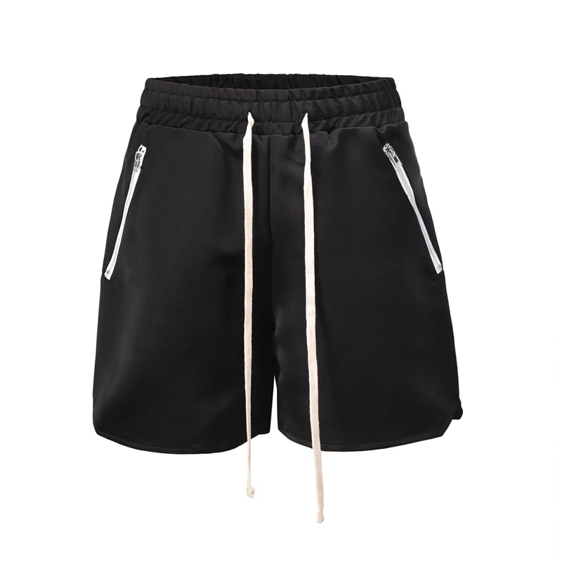 Men Hip Hop Loose Shorts Elastic Waist Shorts Fashion Satin Shorts Zipper Pocket Casual Drewstring Streetwear Sportswear Joggers