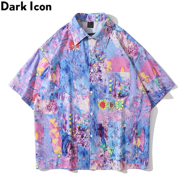 Dark Icon Colorful Printed Men's Shirts Short Sleeved Chest Pocket Hawaiian Shirts With Turn-down Collar Shirt For Holidays