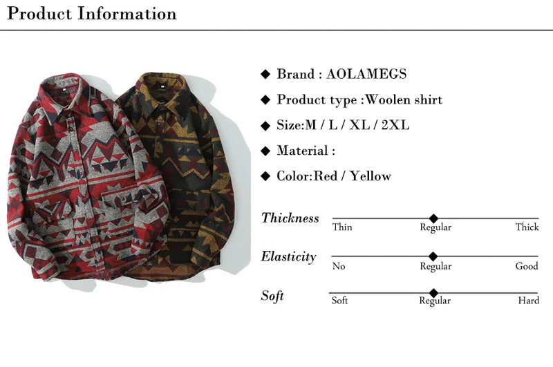 Aolamegs Patchwork Color Retro Geometric Pattern Men Shirt Thick Casual Baggy Big Pockets Harajuku High Street Autumn Streetwear