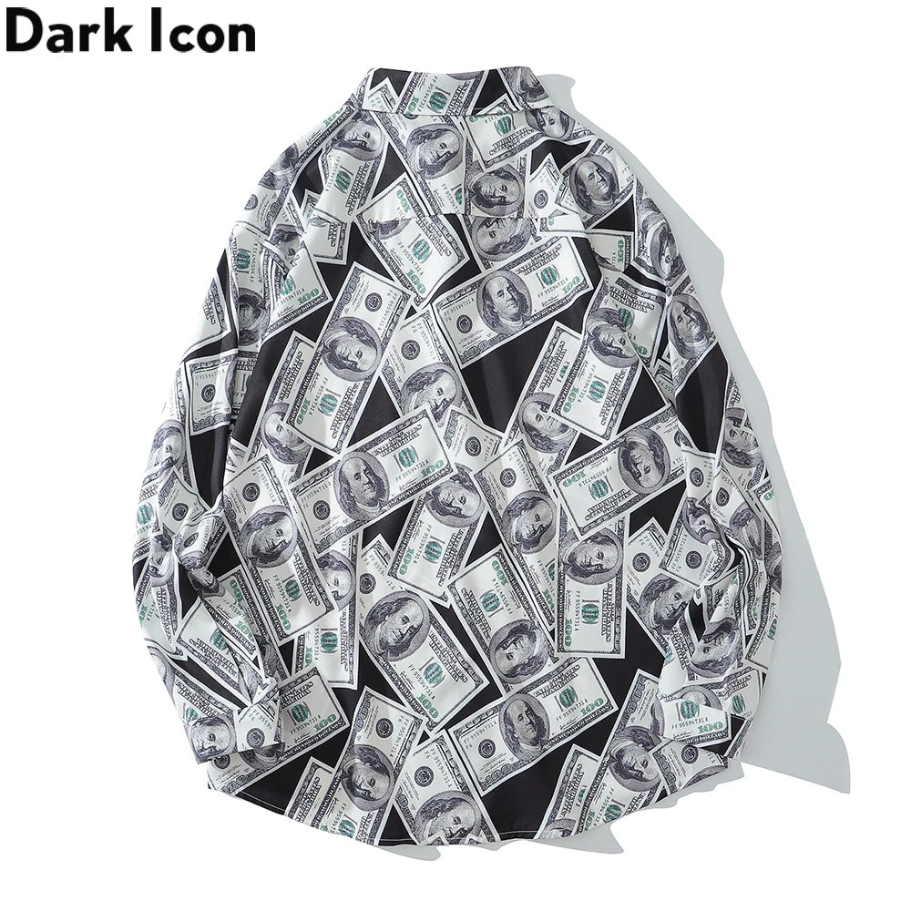 Dark Icon US Dollar Full Printed Shirts Men Turn-down Collar Casual Men's Shirt Logn Sleeve Man Clothing