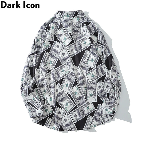 Dark Icon US Dollar Full Printed Shirts Men Turn-down Collar Casual Men's Shirt Logn Sleeve Man Clothing