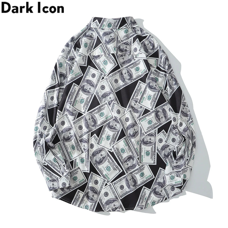 Dark Icon US Dollar Full Printed Shirts Men Turn-down Collar Casual Men's Shirt Logn Sleeve Man Clothing
