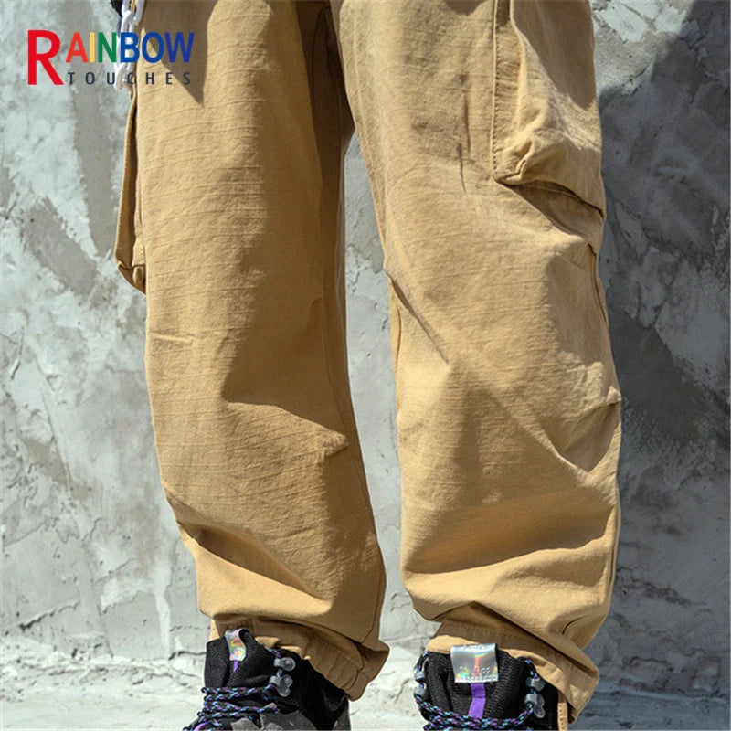 rainbowtouches high street overalls mens big pocket straight pants ins trendy hip hop loose casual close up wide leg trousers minimalist street pants