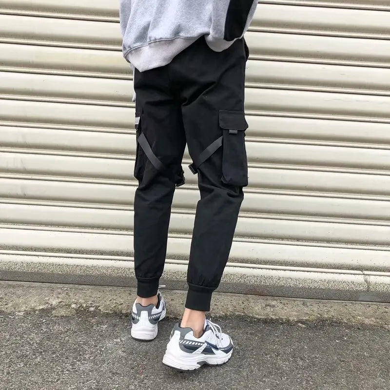 ribbons harem joggers men cargo pants streetwear 2023 hip hop casual pockets track pants male harajuku fashion trousers sporty tapered joggers