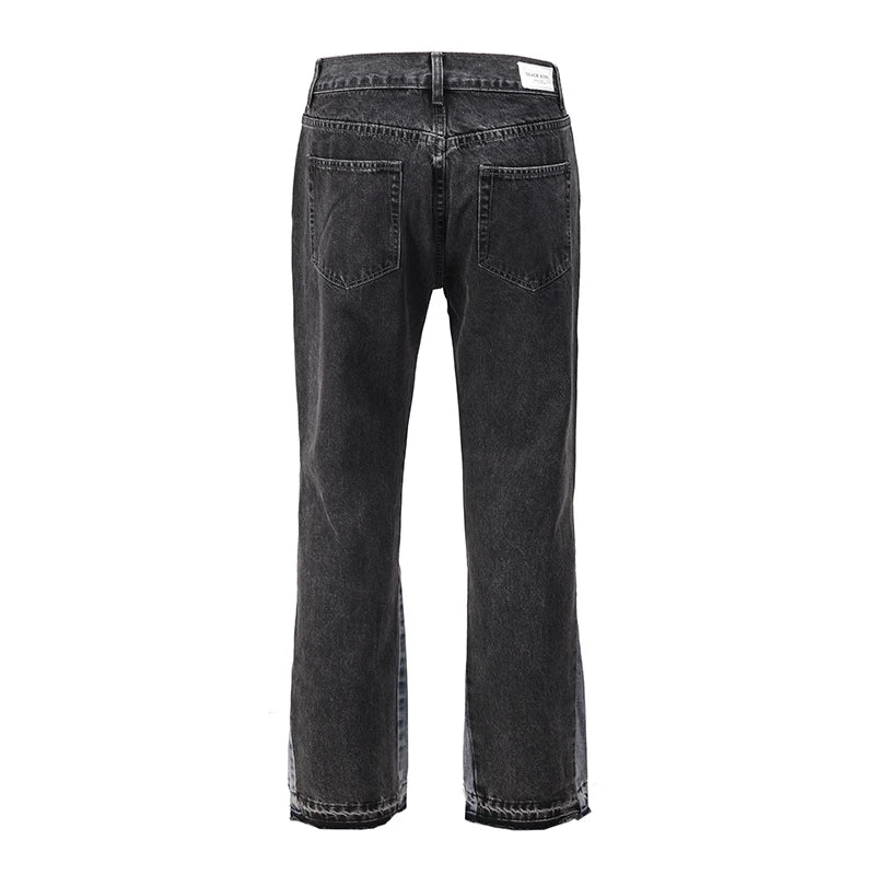 high street washed color match frayed micro flared jeans mens straight spliced retro loose casual denim pants hip hop trousers unique jeans style 24