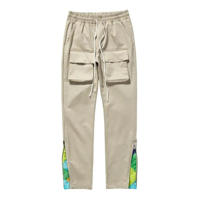 streetwear patchwork cashew flower print cargo pants y2k men hip hop casual functional slim cargo trousers male pocket side zip combat utility trousers