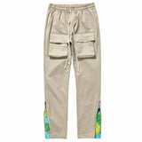 mens high street loose fit elastic waist pants bottom zipper patchwork cargo pants hip hop drawstring sportwear pants joggers relaxed fit joggers