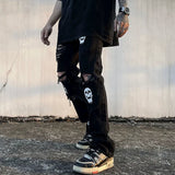 fashion skull printed denim jeans mens destoryed holes zipper flare jeans hip hop streetwear summer casual joggers jeans pants casual joggers
