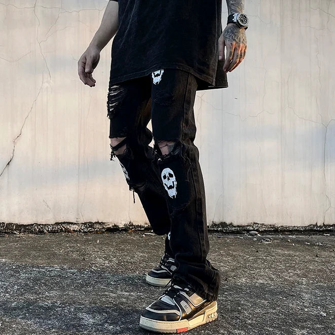 fashion skull printed denim jeans mens destoryed holes zipper flare jeans hip hop streetwear summer casual joggers jeans pants casual joggers
