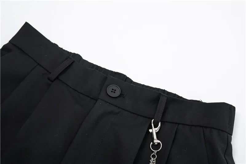 mens shorts summer casual black zipper elastic waist straight short pants with chain new hip hop streetwear loose shorts joggers unique joggers style 2342