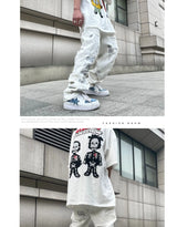 mens high street denim jean pants new casual loose ripped holes straight zipper white jeans trousers hip hop streetwear joggers unique joggers style 2630