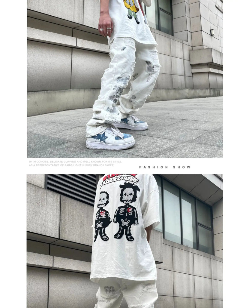 mens high street denim jean pants new casual loose ripped holes straight zipper white jeans trousers hip hop streetwear joggers unique joggers style 2630