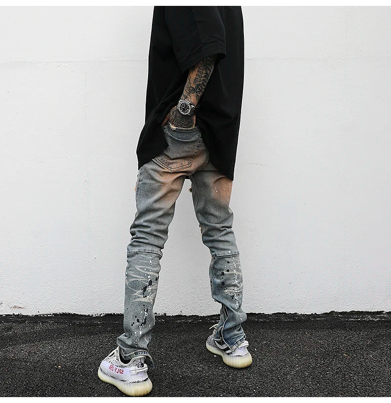 bottom zipper destroyed jeans skinny jeans ripped slim men biker jeans fashion graffiti printed streetwear hip hop pants joggers unique joggers style 656