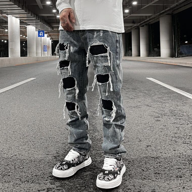 men ripped holes denim jean pants hip hip new fashion straight patchwork pants new casual jeans streetwear mens trousers joggers unique joggers style 1402
