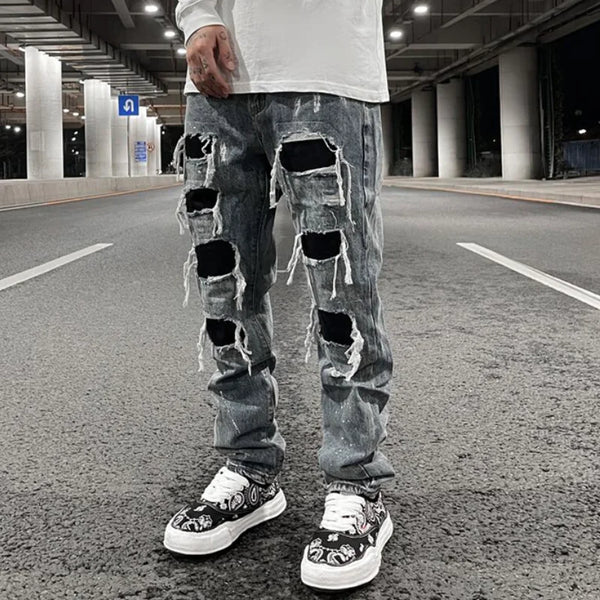 men ripped holes denim jean pants hip hip new fashion straight patchwork pants new casual jeans streetwear mens trousers joggers urban active pants