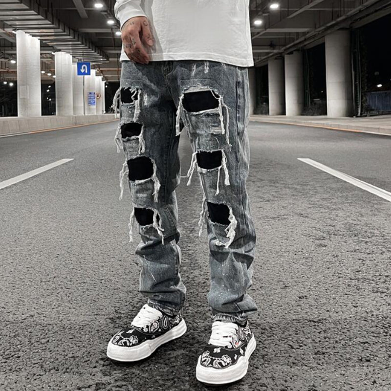 men ripped holes denim jean pants hip hip new fashion straight patchwork pants new casual jeans streetwear mens trousers joggers unique joggers style 1402