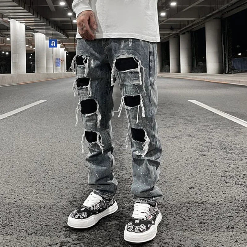 men ripped holes denim jean pants hip hip new fashion straight patchwork pants new casual jeans streetwear mens trousers joggers urban active pants