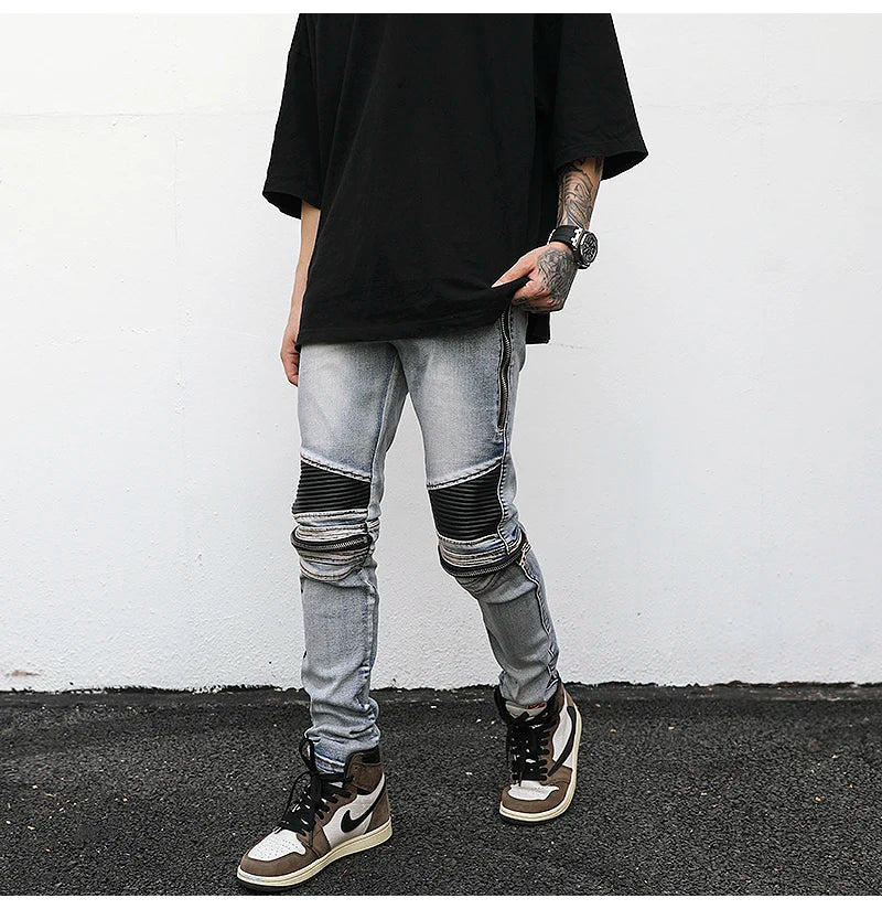high street pu leather zippers patchwork biker jeans mens stretch denim slim jean pants motorcycle slim trousers hip hop pants unique jeans style 2314