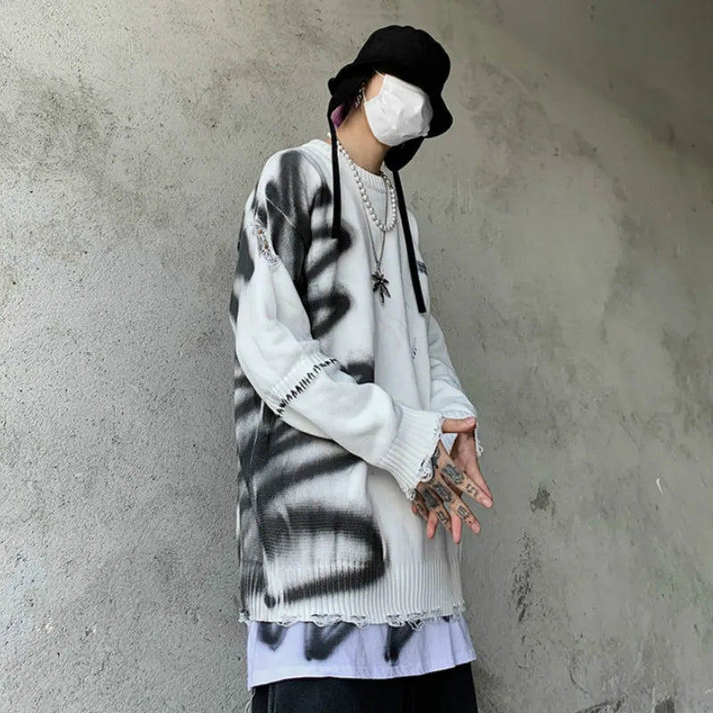 mens hip hop destroy ripped holes streetwear graffiti harajuku sweater vintage retro knitted sweater new casual cotton pullover trendy hip hop style outerwear, urban wear with bold artwork, Y2K vintage urban hoodie