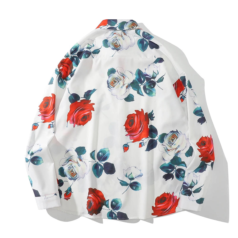 Dark Icon Floral Loose Men's Shirt Long Sleeve Autumn Oversized Shirt Man Black White