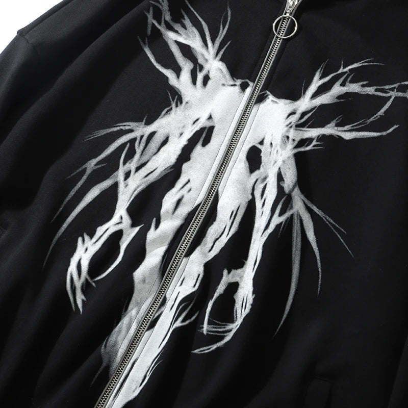 Aolamegs Punk Graphic Print Zipper Ribbon Hooded Hoodie Men Casual Bla