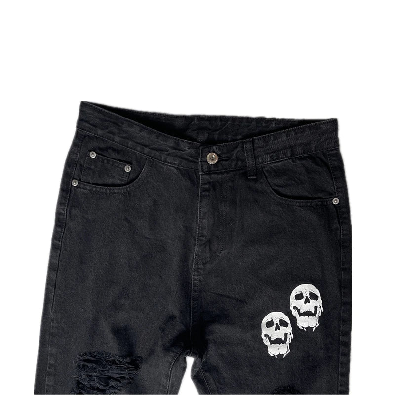 fashion skull printed denim jeans mens destoryed holes zipper flare jeans hip hop streetwear summer casual joggers jeans pants unique joggers style 3780