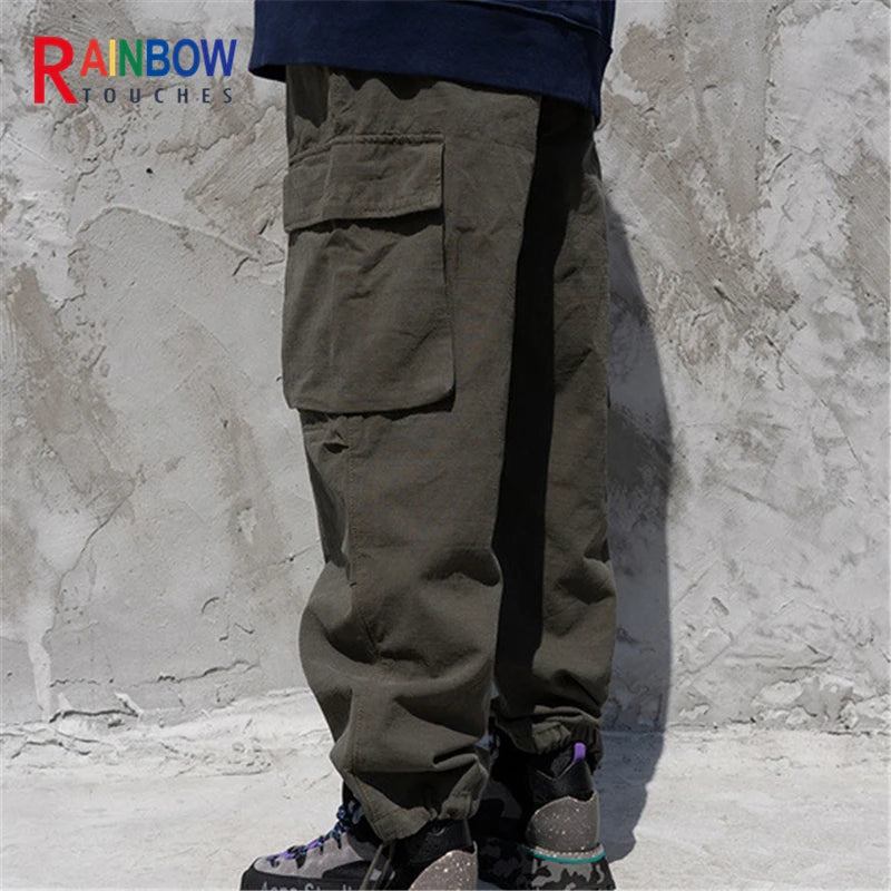 rainbowtouches high street overalls mens big pocket straight pants ins trendy hip hop loose casual close up wide leg trousers relaxed fit trousers