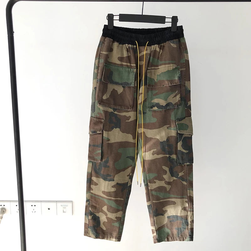 camouflage cargo pants men vintage side multi pocket button mens camou straight trousers streetwear military overalls for male combat utility trousers