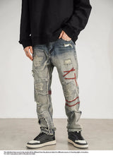 destroyed ripped straight jeans pants mens distressed biker jeans fashion irregular embroidery streetwear hip hop pants joggers sporty tapered joggers