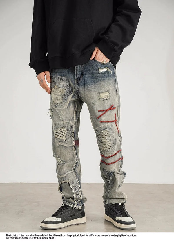 destroyed ripped straight jeans pants mens distressed biker jeans fashion irregular embroidery streetwear hip hop pants joggers sporty tapered joggers