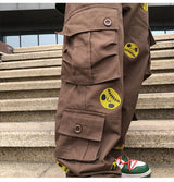 mens high street smilely loose cargo pants casual zipper straight jeans hip hop side pockets loose fit streetwear casual joggers unique joggers style 3485