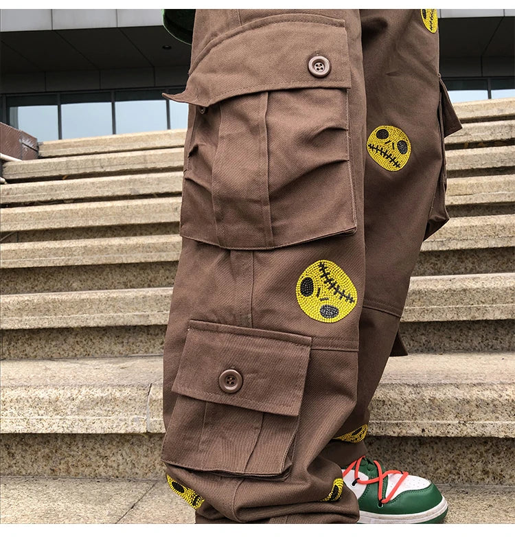 mens high street smilely loose cargo pants casual zipper straight jeans hip hop side pockets loose fit streetwear casual joggers unique joggers style 3485