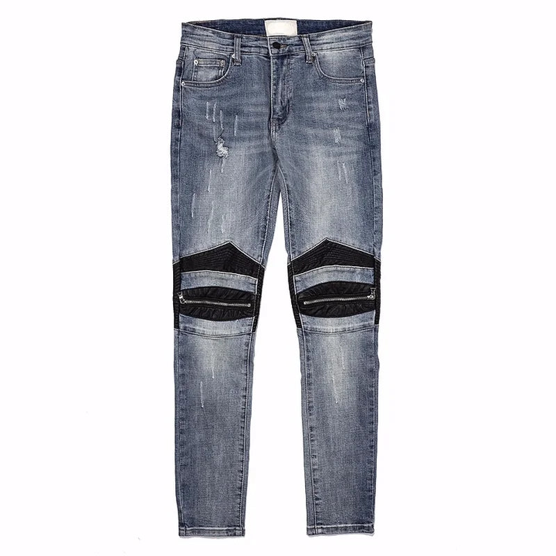 knee zipper hole patckwork skinny denim jeans men casual slim biker trousers jeans fashion streetwear hip hop jean pants joggers relaxed fit joggers