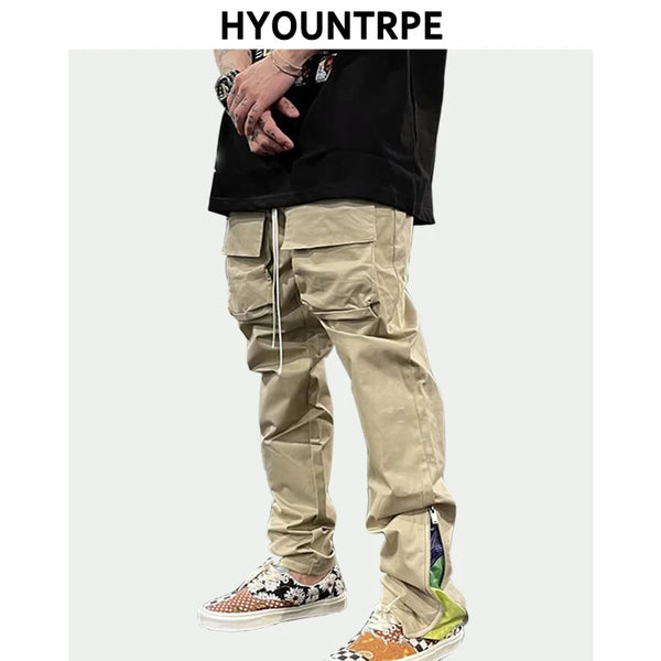 mens high street loose fit elastic waist pants bottom zipper patchwork cargo pants hip hop drawstring sportwear pants joggers sporty tapered joggers