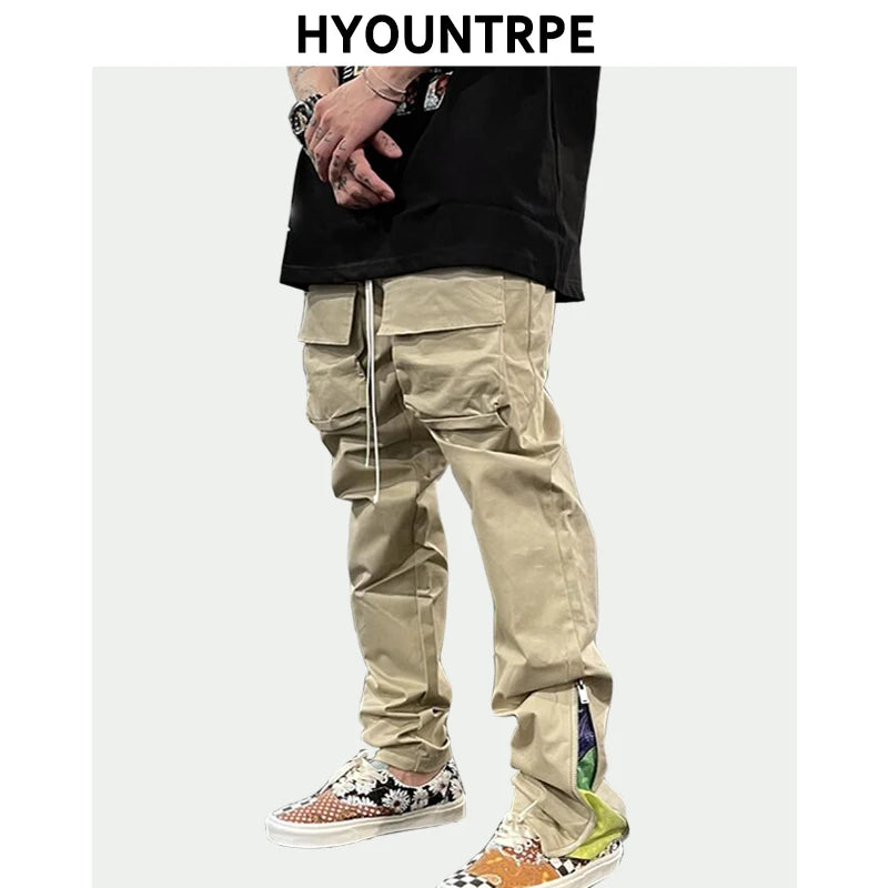 mens high street loose fit elastic waist pants bottom zipper patchwork cargo pants hip hop drawstring sportwear pants joggers sporty tapered joggers