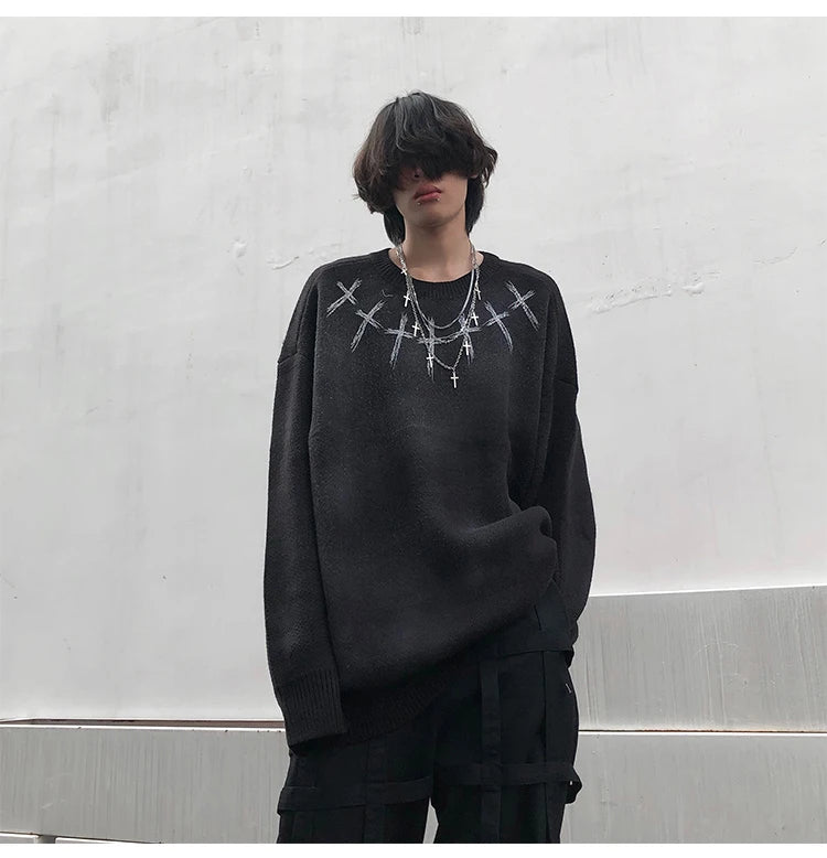 high street vintage wash sweater men graffiti loose knitted pullover long sleeve hip hop oversize sweater casual jumper knitwear - Y2K grunge street style, soft fleece-lined outerwear, high quality cotton hoodie