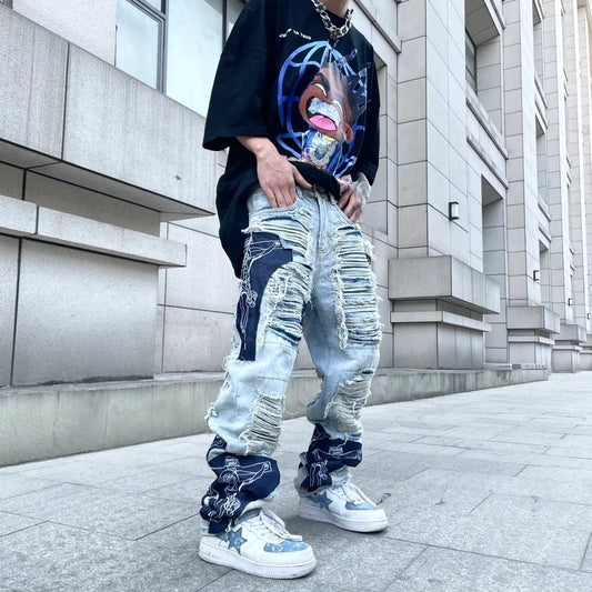 men high street denim jean pants casual loose destroyed ripped holes straight jeans fashion patchwork hip hop streetwear joggers urban active pants