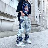 men high street denim jean pants casual loose destroyed ripped holes straight jeans fashion patchwork hip hop streetwear joggers unique joggers style 4511