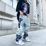 men high street denim jean pants casual loose destroyed ripped holes straight jeans fashion patchwork hip hop streetwear joggers urban active pants