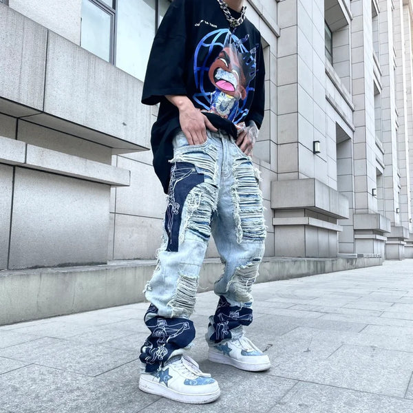 men high street denim jean pants casual loose destroyed ripped holes straight jeans fashion patchwork hip hop streetwear joggers urban active pants