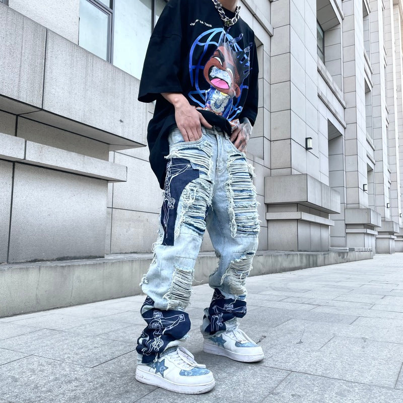men high street denim jean pants casual loose destroyed ripped holes straight jeans fashion patchwork hip hop streetwear joggers unique joggers style 4511