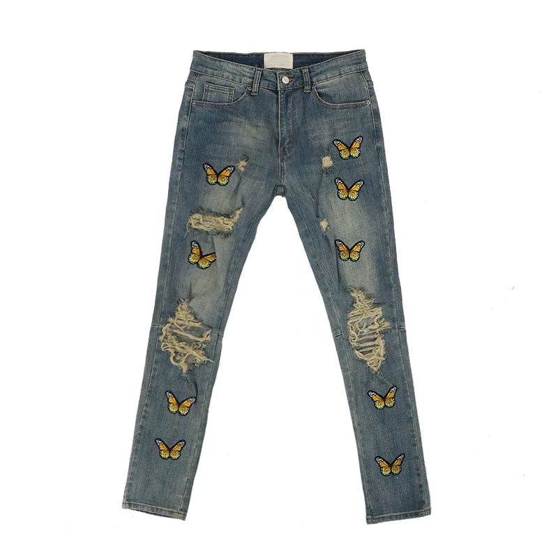 high street butterfly embroidery knee ripped hole jeans mens casual hip hop distressed jeans slim fit skinny denim pants joggers unique joggers style 1875