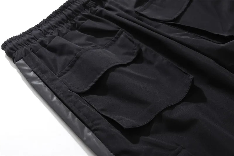 hip hop loose fit elastic waist pants cargo pockets spliced reflective lines ankle pants mens drewstring sportwear pants joggers unique joggers style 1978