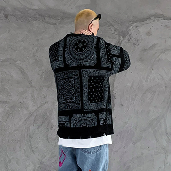 hip hop paisley printed ripped knitted holes sweater mens autumn winter long sleeve pullover streetwear loose sweaters clothing aesthetic street look hoodie, unique limited edition hoodie, urban wear with bold artwork
