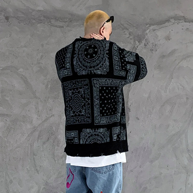 hip hop paisley printed ripped knitted holes sweater mens autumn winter long sleeve pullover streetwear loose sweaters clothing aesthetic street look hoodie, unique limited edition hoodie, urban wear with bold artwork
