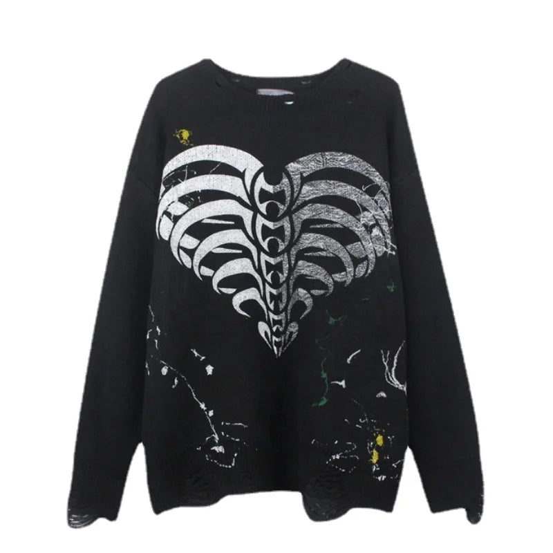 mens hip hop streetwear skull graffiti harajuku sweaters casual knitted sweater ripped holes cotton pullover men jumper sweater - 2025 streetwear drop, bold artwork streetwear hoodie, graphic printed hoodie for men and women
